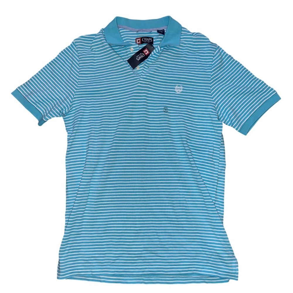 Chaps Mens Polo Shirt Large NWT Turquoise White Striped Short Sleeve Cotton